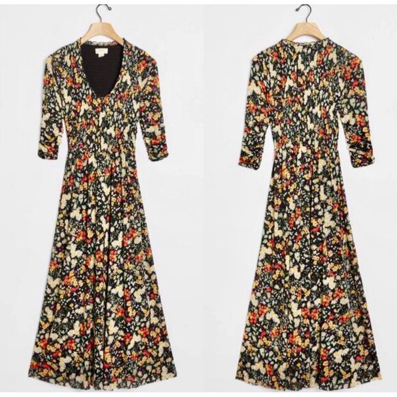 Anthropologie Omya Fall Flora Maxi Dress XS Back Orange Smocked Waist Scoop Neck - Picture 4 of 16